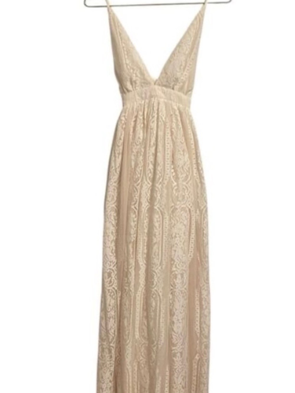Aakaa Ivory Cream Deep Plunge Cross Back Lace Maxi Dress Size MED NWT